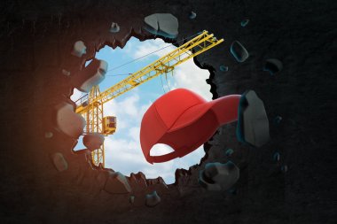 İnşaat vinç ve kırmızı kapak kırma siyah duvar 3d render