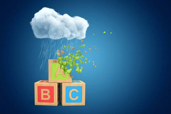 3D-rendering van drie ABC-blokken staande onder witte regent Cloud op blauwe copyspace achtergrond, bovenste blok oplossen in stukjes. — Stockfoto