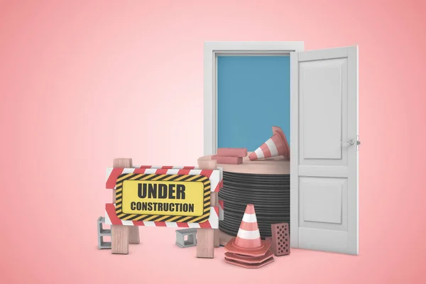 3d representación de barrera de construcción, conos de tráfico y cable en blanco puerta abierta sobre fondo rosa claro — Foto de Stock