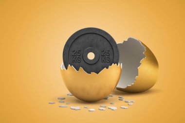Sarı arka plan üzerinde altın yumurtadan çıkan 25 kg ağırlık plaka 3d render