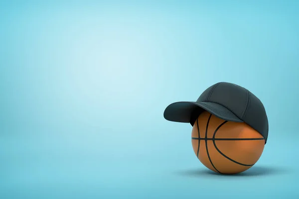 3D-rendering van basketbal met zwarte baseball cap bovenop op licht blauwe achtergrond met Kopieer ruimte. — Stockfoto