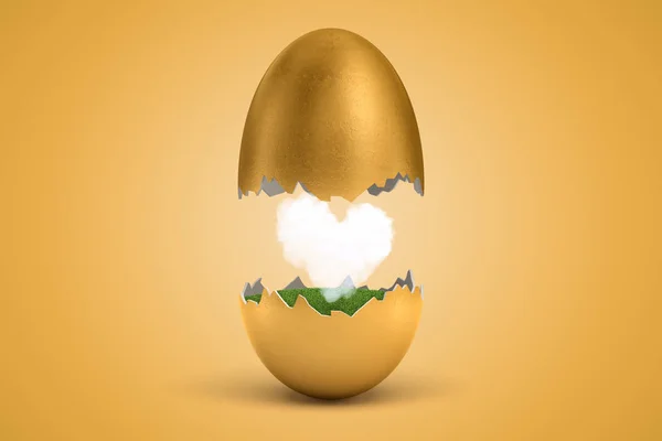 3d rendering of gold egg cracked in two, upper half levitating in air, lower on ground, with small white heart-shaped cloud between two halves.