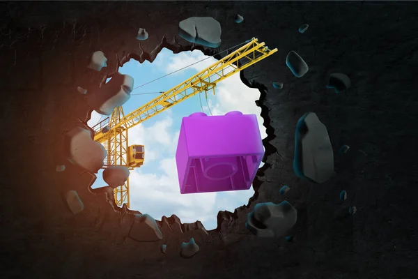3d rendering of hoisting crane carrying purple toy block and breaking wall leaving hole with blue sky seen through.