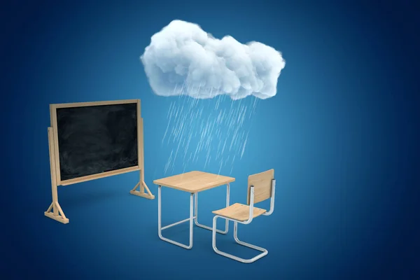 3D renderização de quadro-negro e escrivaninha escolar sob nuvem de chuva branca no fundo azul . — Fotografia de Stock