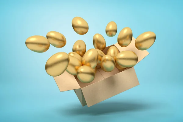 3D-Darstellung eines Kartons voller goldener Eier in der Luft auf hellblauem Hintergrund. — Stockfoto