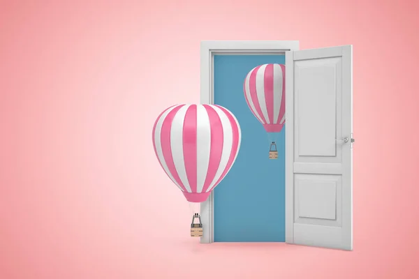 3D renderização de porta aberta branca com dois balões de ar quente no fundo rosa claro — Fotografia de Stock