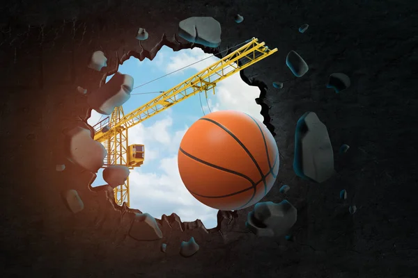 3d renderização de guindaste de construção e bola de basquete laranja visto através do buraco da parede preta — Fotografia de Stock
