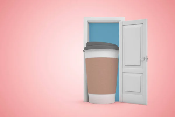 3d rendering of open door on gradient pink background and big cofee paper cup standing in doorway. — Stock Photo, Image