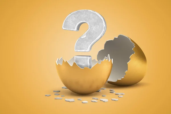 3d rendering of stone question mark hatching out of golden egg on yellow background — Stock Photo, Image