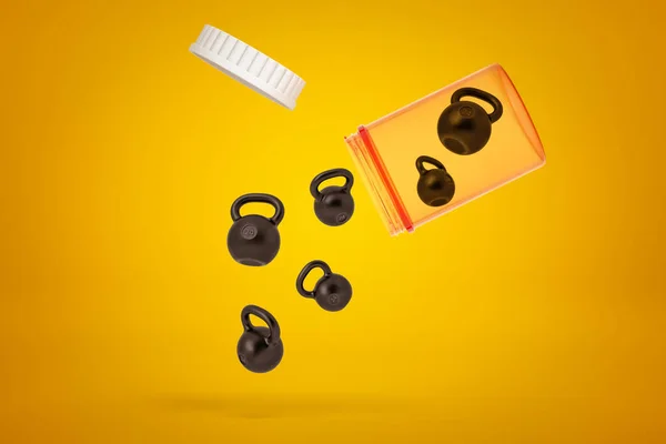 3D-rendering av svarta kettlebells som faller från en plastburk på gul bakgrund — Stockfoto