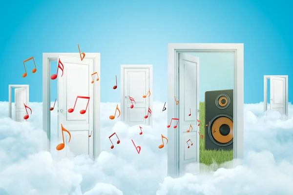 3d rendering of five doors standing on fluffy clouds, one door leading to audio column speaker on green lawn, with many red notes flying from door. — Stock Photo, Image