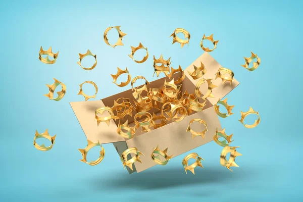 3d renderização de caixa de papelão no ar cheio de coroas douradas que estão voando para fora e flutuando fora no fundo azul . — Fotografia de Stock