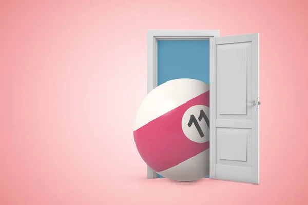 3d renderização de porta aberta no gradiente rosa cópia espaço fundo e grande bola de snooker na porta . — Fotografia de Stock