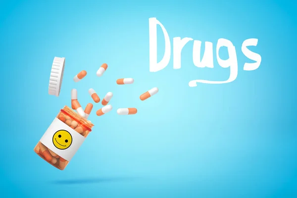 Renderowanie 3D tabletek medycznych wchodzących z plastikowego słoika z uśmiechniętą twarzą na nim i narkotyków znak na niebieskim tle — Zdjęcie stockowe