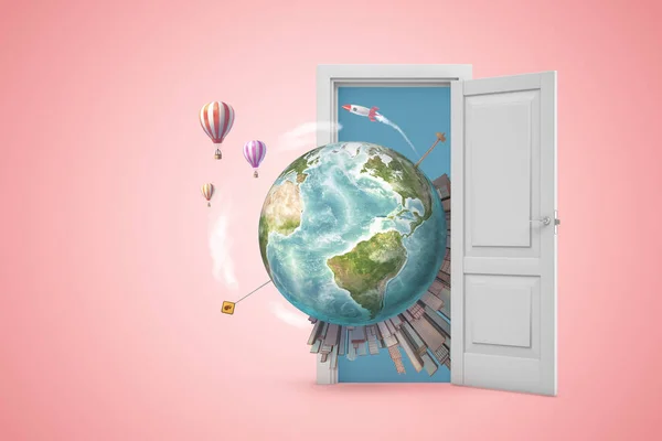 3d rendering of planet Earth with high-rise cities on it, emerging from open door on pink gradient copyspace background.
