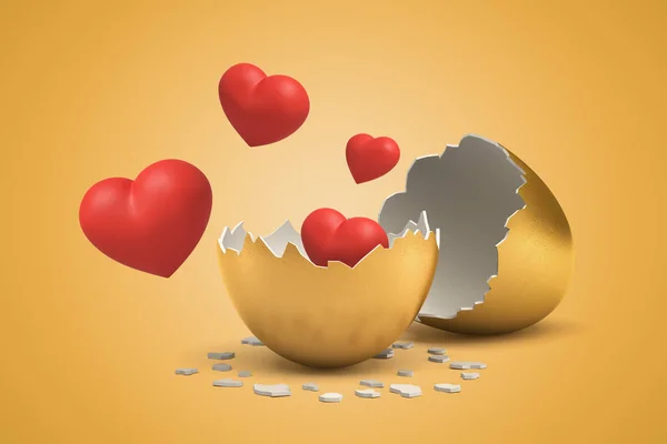 3d rendering of set of red hearts that just hatched out from golden egg and are now flying in air. — Stock Photo, Image