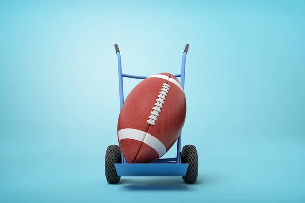 3d rendering of big brown gridiron ball on blue hand truck on light-blue background with copy space.