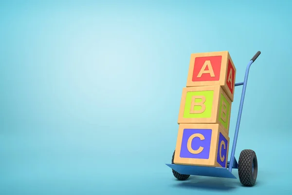 3D απόδοση των πολύχρωμων μπλοκ παιχνιδιών αλφάβητο που δείχνουν ABC πινακίδα σε ένα φορτηγό χέρι σε μπλε φόντο — Φωτογραφία Αρχείου