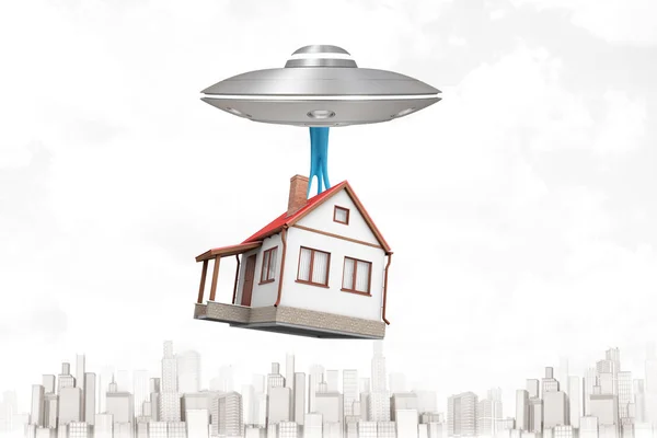 Renderowanie 3D srebrny metal UFO prowadzenie białego domu z czerwonym dachem na białym tle — Zdjęcie stockowe