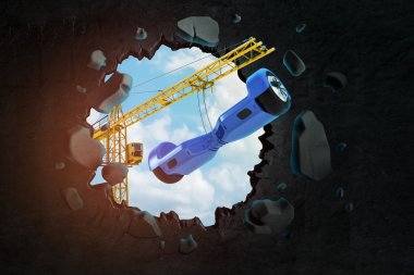 Mavi gökyüzü ile siyah duvar kırılıyor mavi mini segway taşıyan kaldırma vinç 3d render.