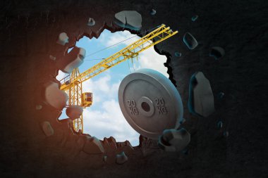 İnşaat vinç ve 20 kg ağırlık plaka kırma siyah duvar 3d render