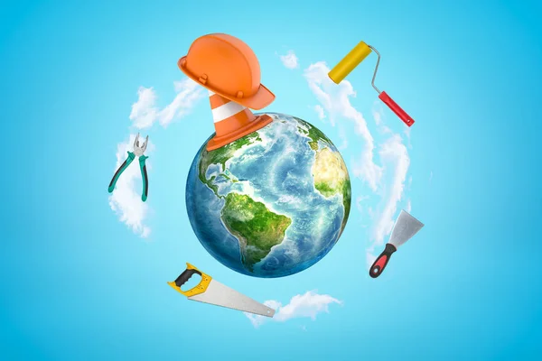 3d rendering of colored earth globe with orange hard hat and construction instruments on blue sky background — Stock Photo, Image