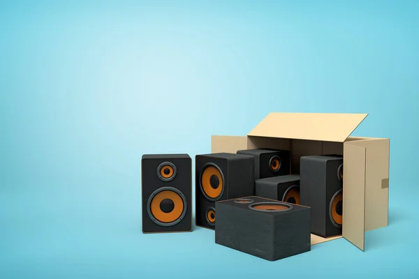 3d rendering of cardboard box lying sidelong with black audio speakers inside and three outside on light-blue background with copy space.