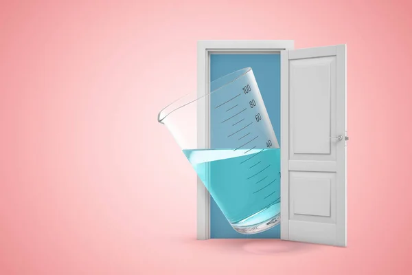 Prostorové vykreslování bílých otevřených dveří s měřicí nádobou naplněné průhlednou tekutinou na světle růžovém pozadí — Stock fotografie