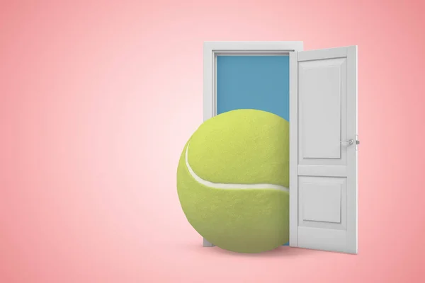 3D renderização de bola de tênis amarelo na porta aberta branca no fundo rosa claro — Fotografia de Stock