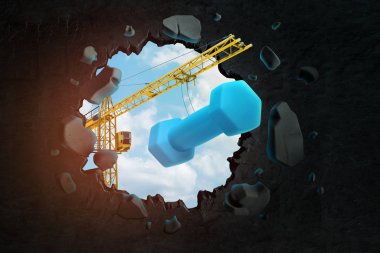 Mavi halter taşıyan kaldırma vinç 3d render ve mavi gökyüzü ile delik bırakarak siyah duvar kırma.