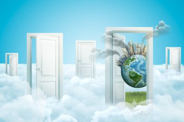 Kabarık bulutlar üzerinde duran beş kapı 3d render, bir kapıdan çıkan sigara yüksek katlı binalar ile küçük Earth.