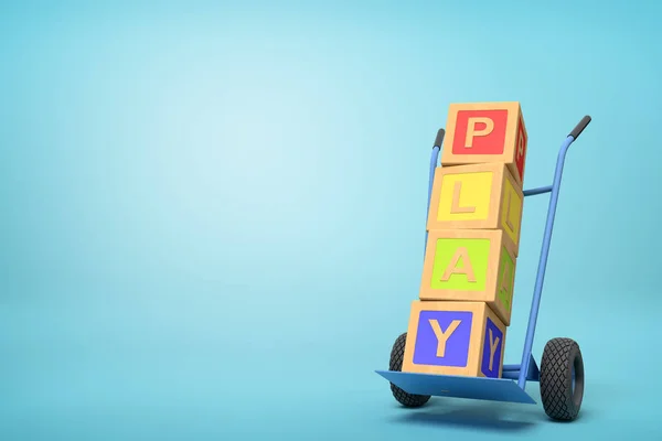 3D-Rendering von bunten Alphabet-Spielzeugblöcken mit Spielzeichen auf einem Handwagen auf blauem Hintergrund — Stockfoto