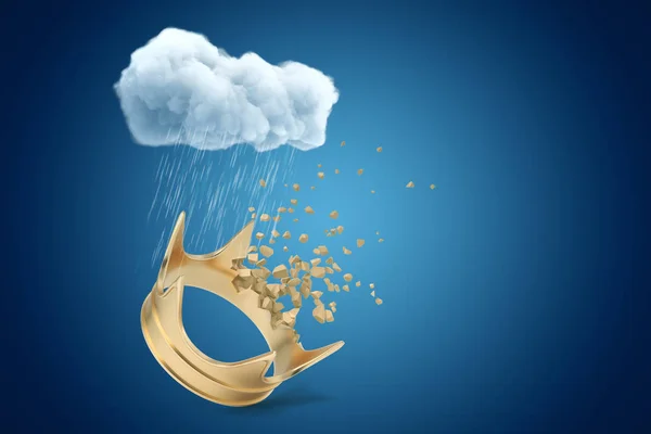 Renderowanie 3D białego deszczowej chmury nad Złotą Koroną rozpryskową na małe kawałki na niebieskim tle — Zdjęcie stockowe