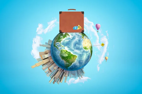 Earth with modern city popping up on one side, hot-air balloons flying in sky and huge brown travel case right on top on light-blue background. — Stock Photo, Image