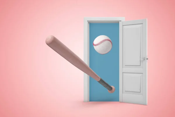 3d rendering dari baseball bat and ball in white open doorway on light pink background — Stok Foto