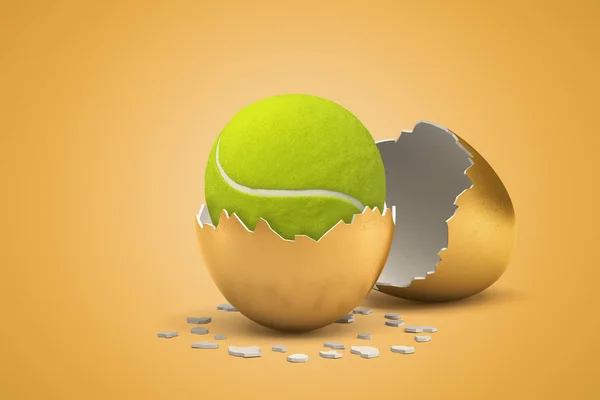 Sarı arka plan üzerinde altın yumurtadan tenis topu 3d render