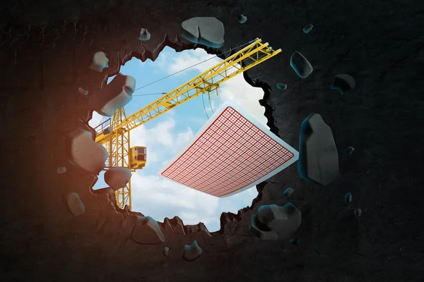 3d rendering of construction crane and playing card seen through hole in black wall