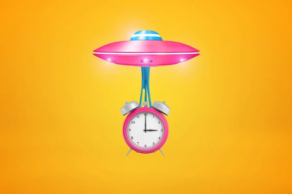Renderowanie 3D różowy UFO z wielkim różowy budzik zawieszony na śluzu poniżej, pływające przeciwko bursztynowym tle. — Zdjęcie stockowe