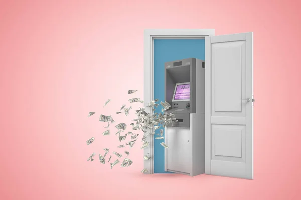 3d rendering of white open doorway with dollars falling out of ATM machine on light pink background