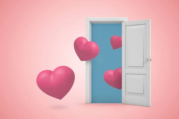 3D απόδοση μιας λευκής ανοιχτής πόρτας με μικρές ροζ καρδιές σε ανοιχτό ροζ φόντο — Φωτογραφία Αρχείου