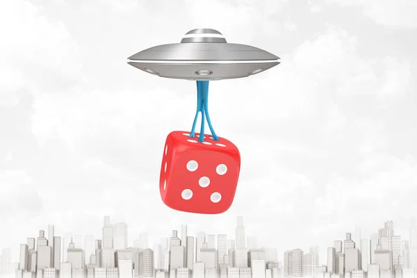 3d 渲染银色金属 Ufo 携带红色赌场骰子在白色城市摩天大楼背景 — 图库照片