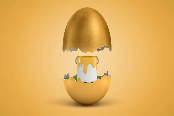 3D візуалізація жовтого відра з золотистого яйця на жовтому фоні — стокове фото