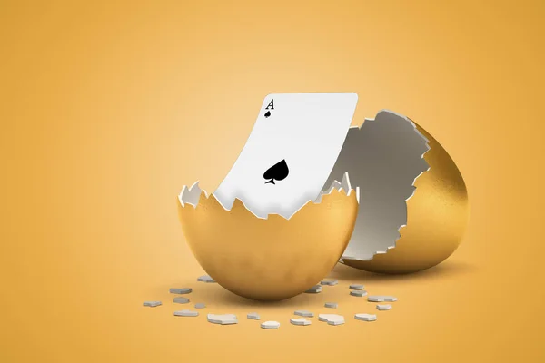3d rendering of playing ace of spades card hatching out of golden egg on yellow background — Stock Photo, Image
