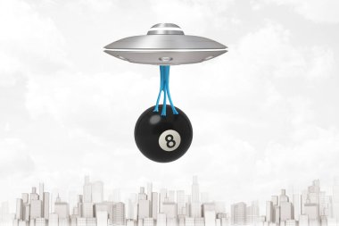 UFO altında mavi yapışkan Slime aşağı asılı sayı 8 ile büyük siyah Snooker topu taşıyan, modern şehir üzerinde uçan UFO 3D render.