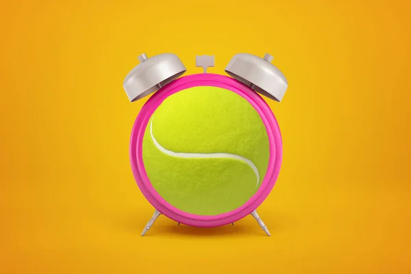 3D zbliżenie renderowania różowy budzik z piłką tenisową zamiast Clockface na bursztynowym tle. — Zdjęcie stockowe