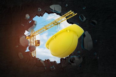 İnşaat Vinç ve siyah duvar kırma sarı sert şapka 3D render