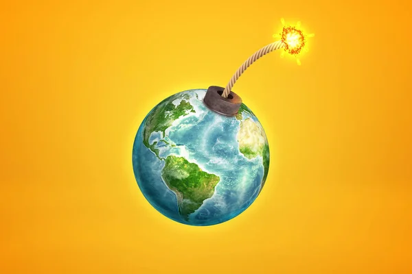 3d rendering of earth globe with ball bomb fuse on yellow background. Bomb ready to explosion. — Stock Photo, Image