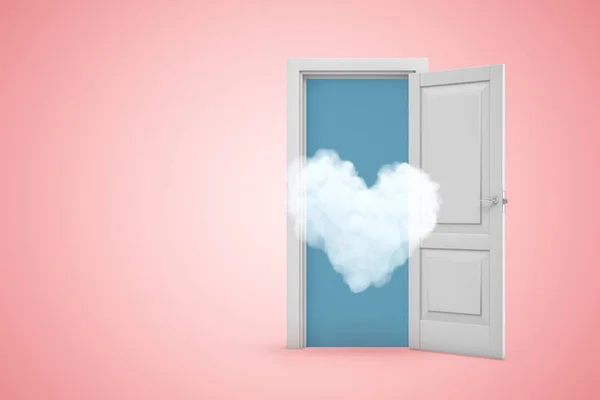 Representación 3d de nubes delgadas en forma de corazón volando desde la puerta abierta en el fondo del copyspace gradiente rosa . — Foto de Stock