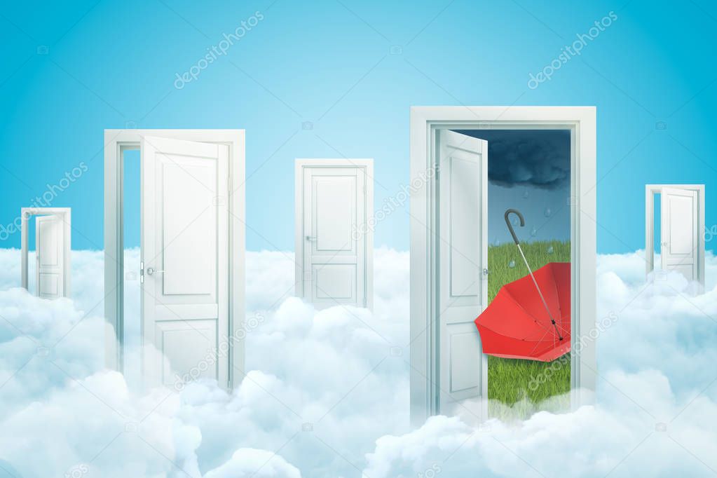 3d rendering of five doors standing on fluffy clouds, one door leading to green lawn with red umbrella lying upside down on it under dark rainy sky.