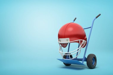 Açık mavi arka planda kırmızı spor kask ile dik ayakta Lacivert el kamyon 3D render.